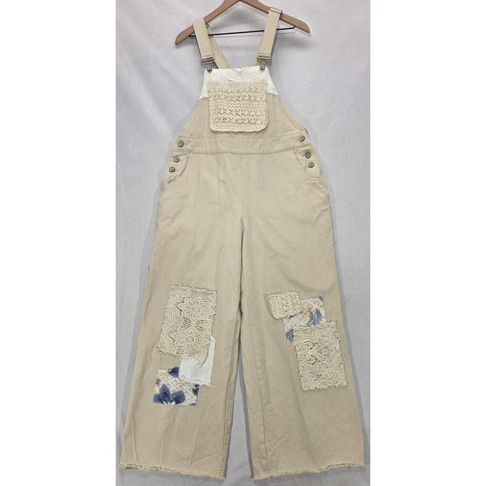 POL Lana Wide Leg Patchwork Overalls M Beige Raw Hem Boho Cottagecore Festival